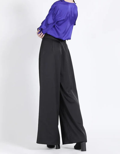 Pantalón Mujer Ancho Tiro Alto, Satin Negro