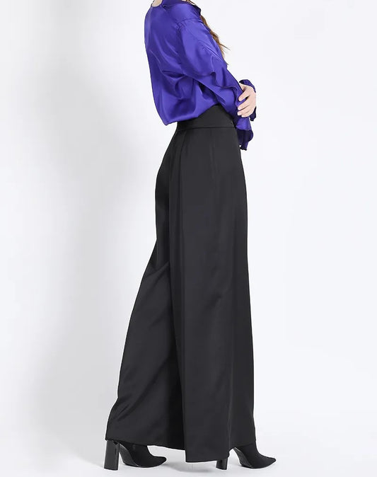 Pantalón Mujer Ancho Tiro Alto, Satin Negro