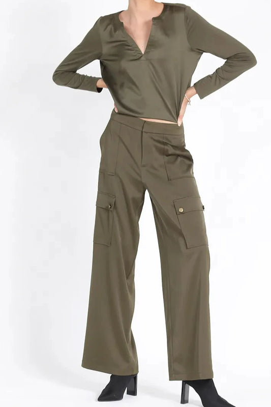 Pantalón Mujer Ancho Satin Cargo, Militar