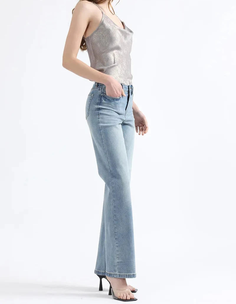 Jeans Mujer Straight Fit Tiro Medio Azul