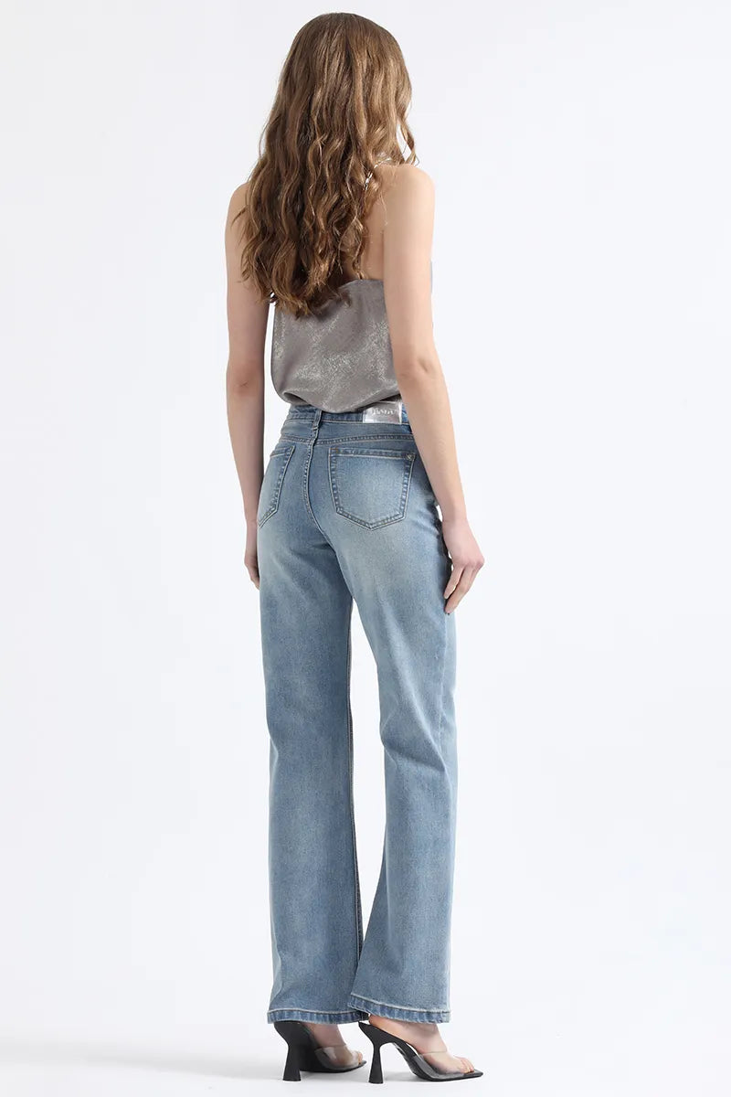 Jeans Mujer Straight Fit Tiro Medio Azul