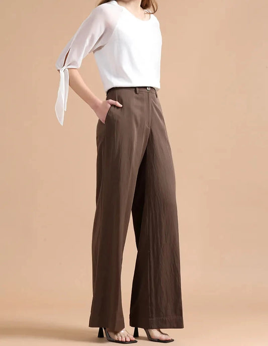 Pantalón Mujer Ancho Con Lyocell, Café