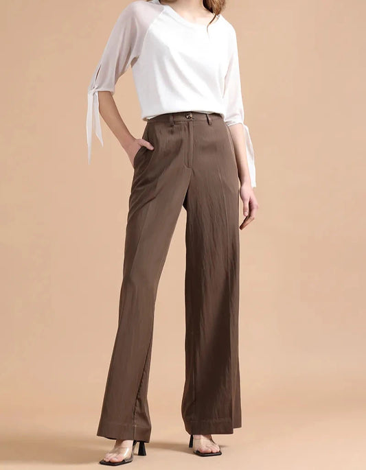 Pantalón Mujer Ancho Con Lyocell, Café