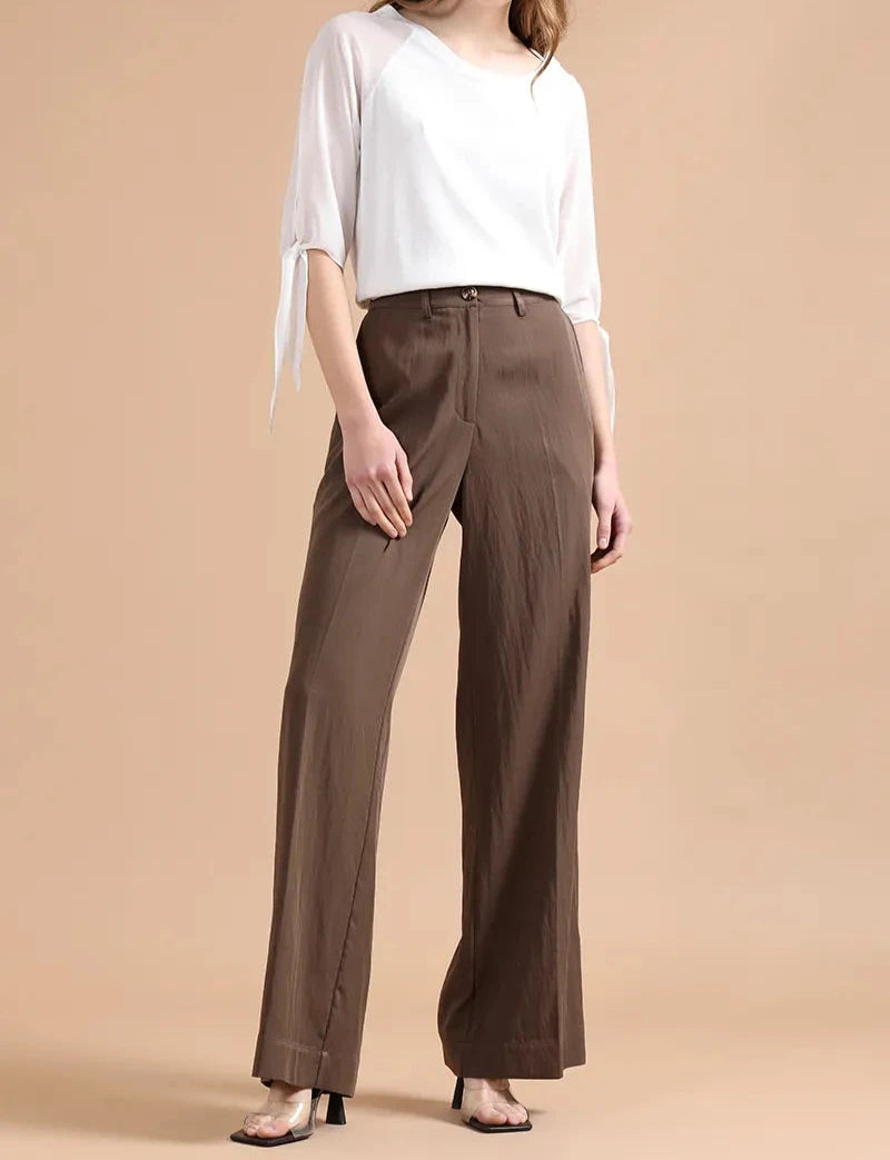 Pantalón Mujer Ancho Con Lyocell, Café