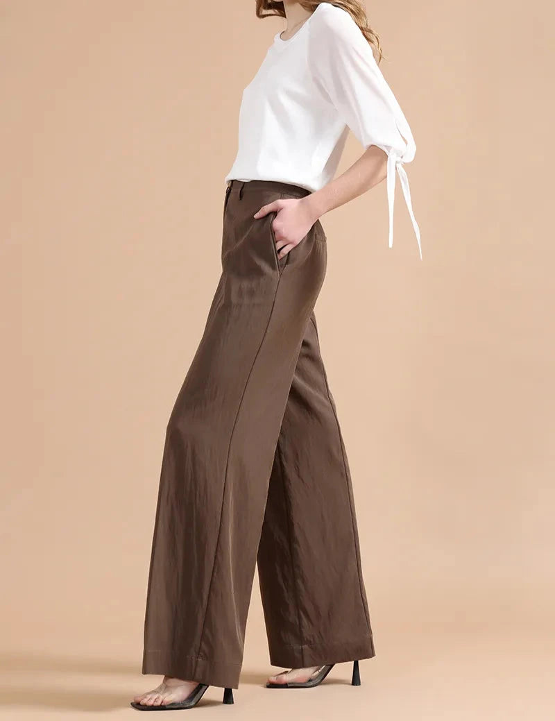 Pantalón Mujer Ancho Con Lyocell, Café