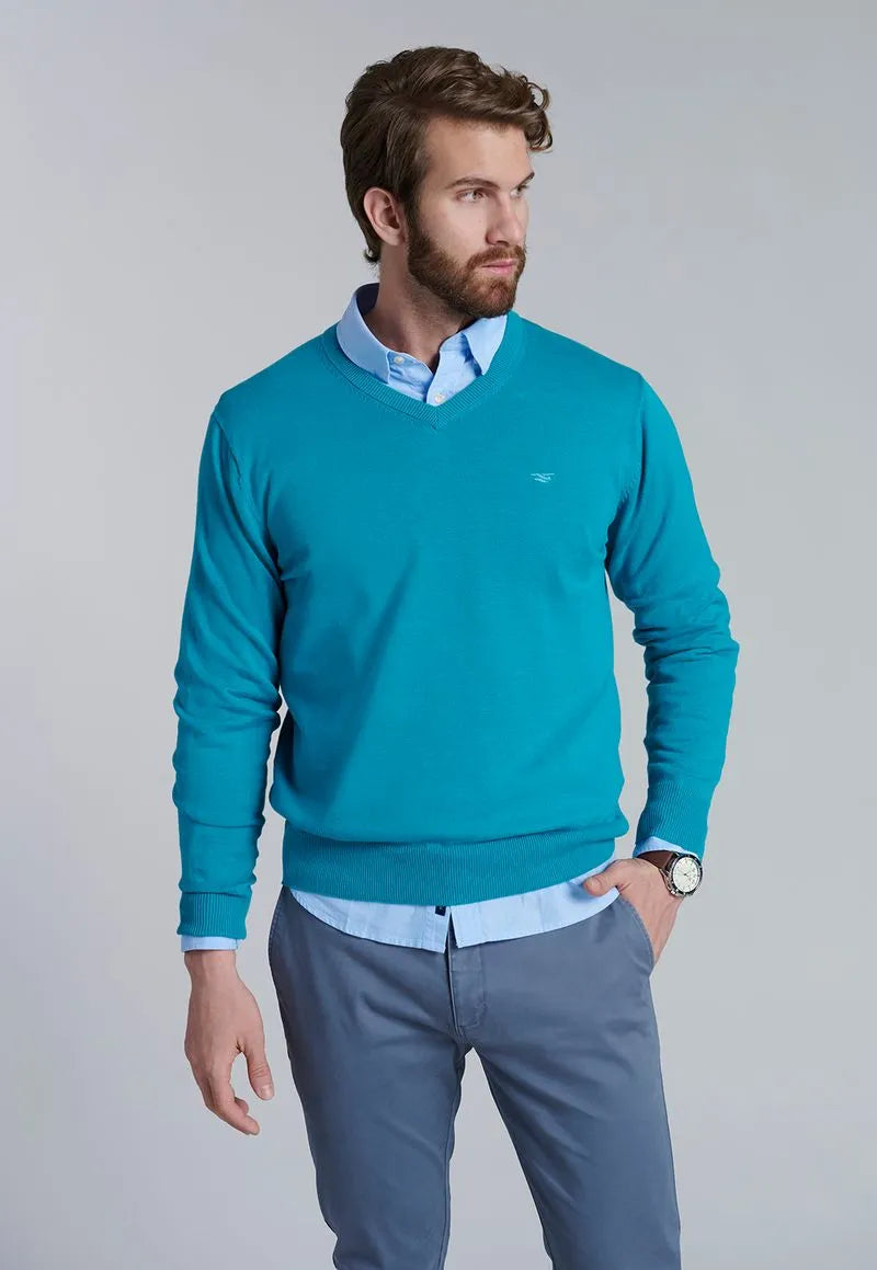 Sweater Hombre V Neck Solido Turquesa