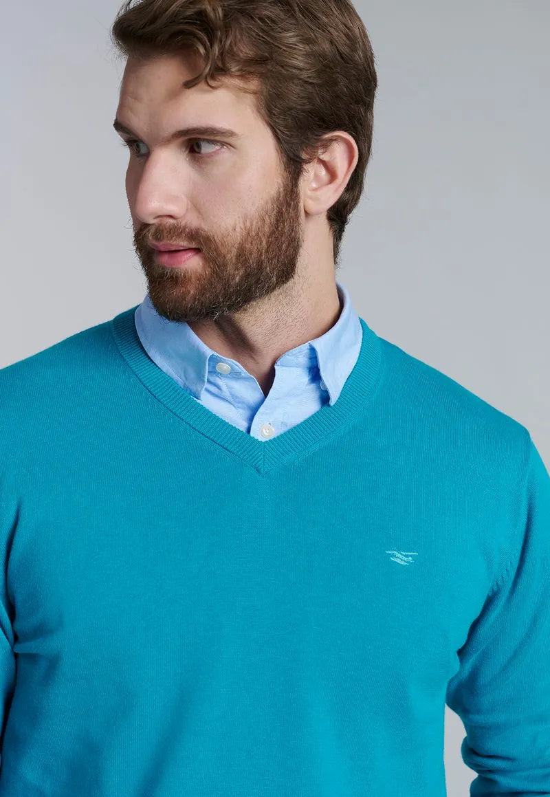 Sweater Hombre V Neck Solido Turquesa