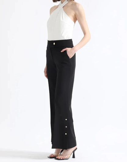 Pantalón Mujer Flare Tiro Alto Con Broches, Negro