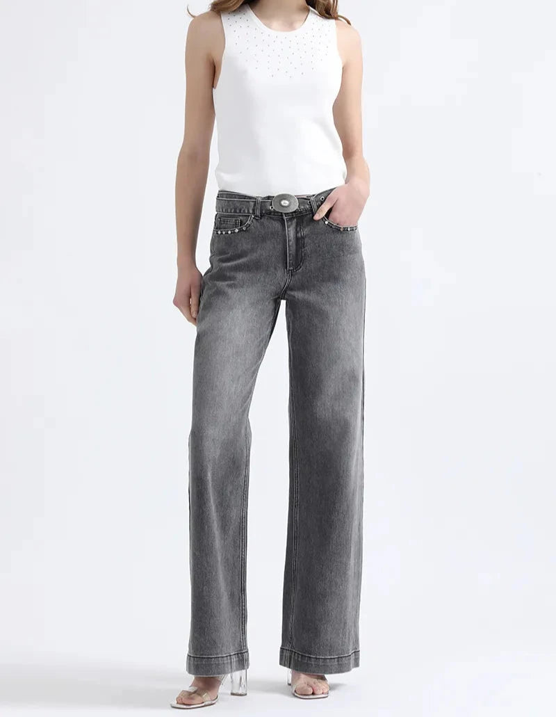 Jeans Mujer Straight Fit Tiro Medio Con Cinturón Gris