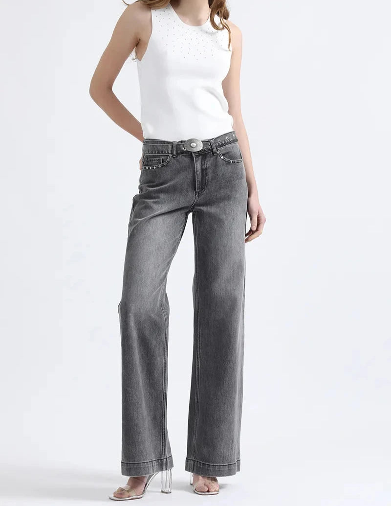 Jeans Mujer Straight Fit Tiro Medio Con Cinturón Gris