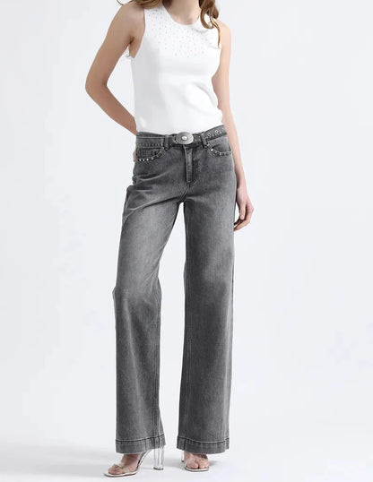 Jeans Mujer Straight Fit Tiro Medio Con Cinturón Gris