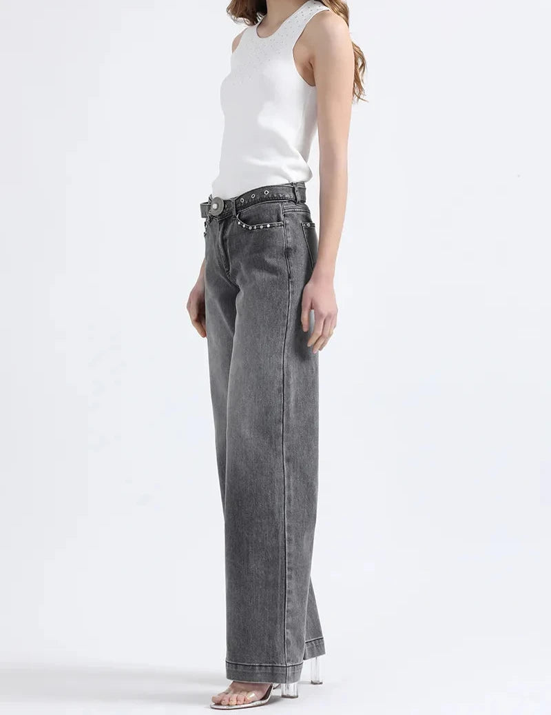 Jeans Mujer Straight Fit Tiro Medio Con Cinturón Gris