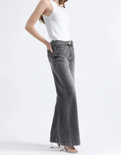 Jeans Mujer Straight Fit Tiro Medio Con Cinturón Gris