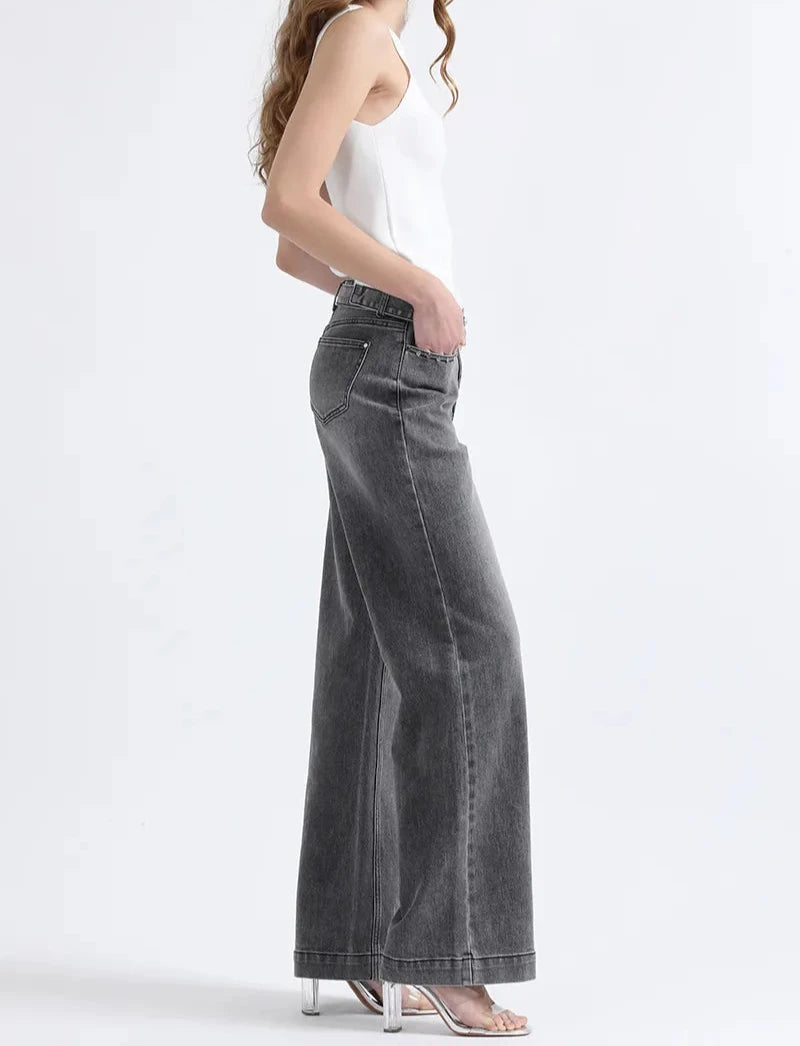 Jeans Mujer Straight Fit Tiro Medio Con Cinturón Gris