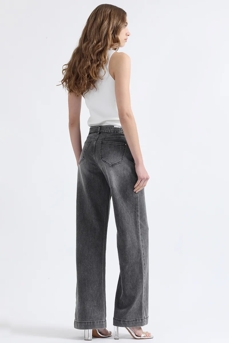 Jeans Mujer Straight Fit Tiro Medio Con Cinturón Gris