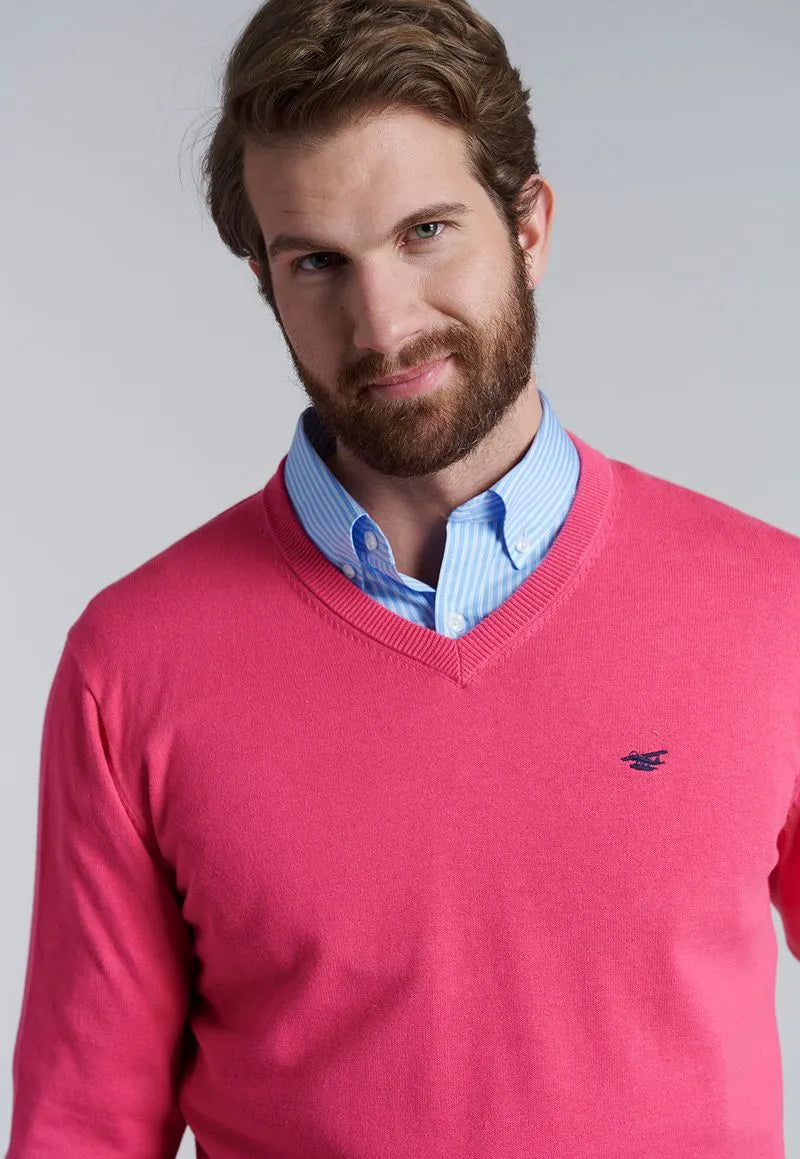 Sweater Hombre V Neck Solido Coral