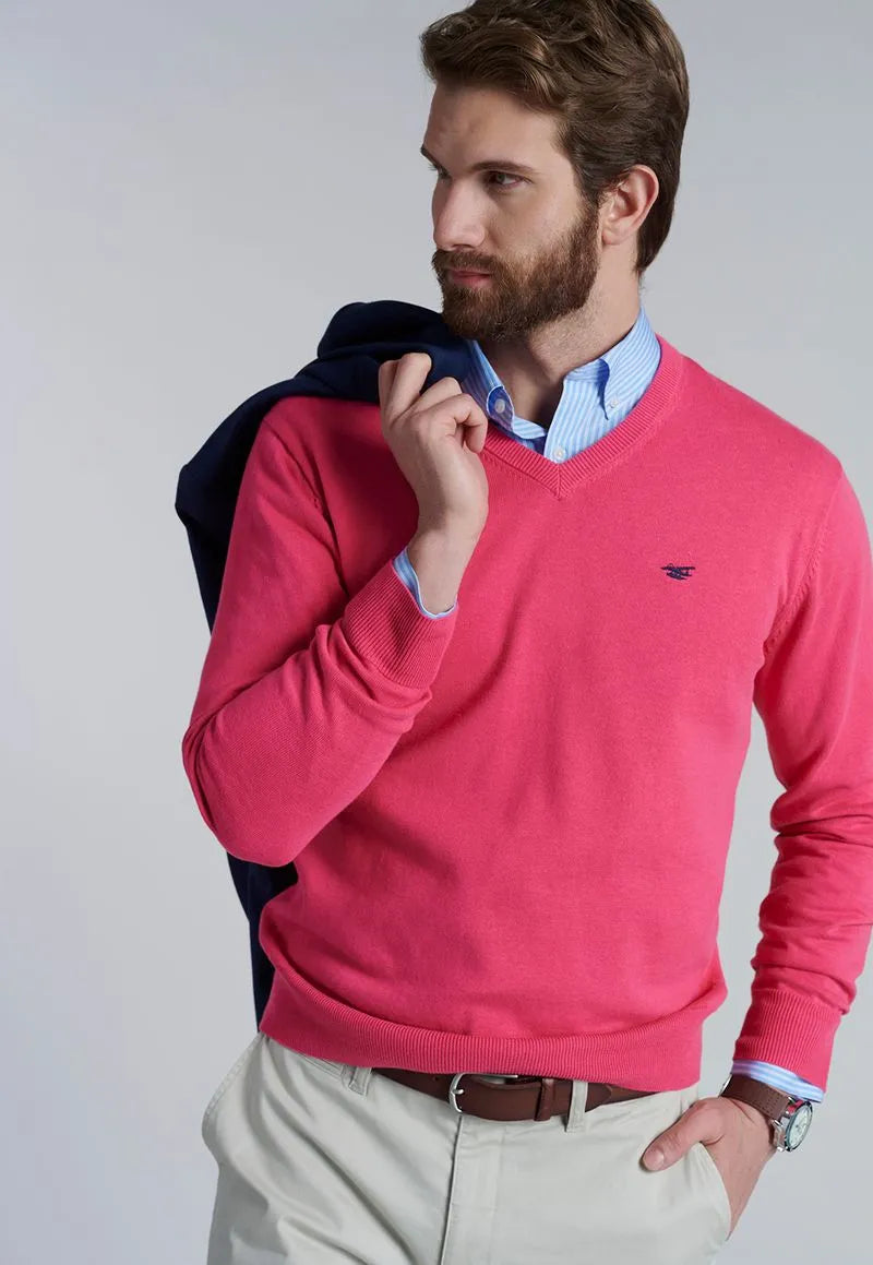 Sweater Hombre V Neck Solido Coral