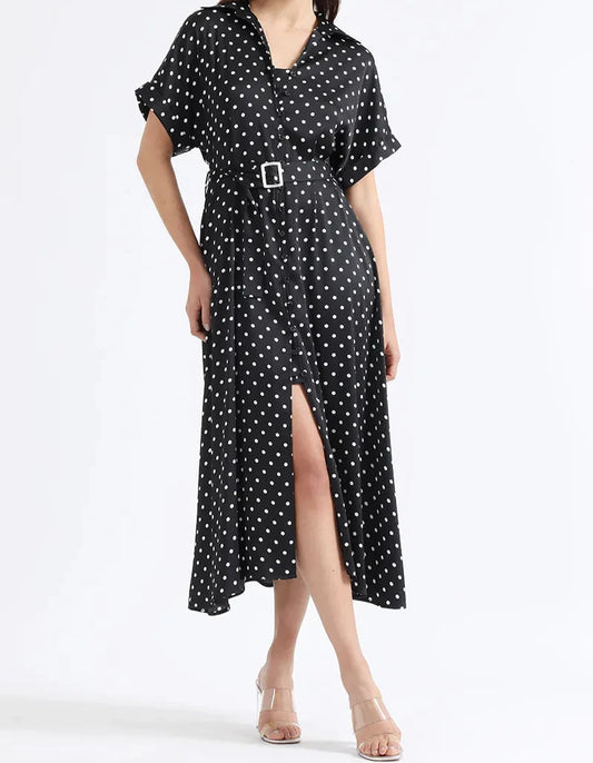 Vestido Mujer Maxi Camisero, Estampado Lunares Negro