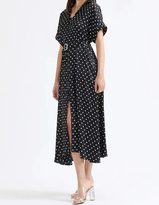 Vestido Mujer Maxi Camisero, Estampado Lunares Negro