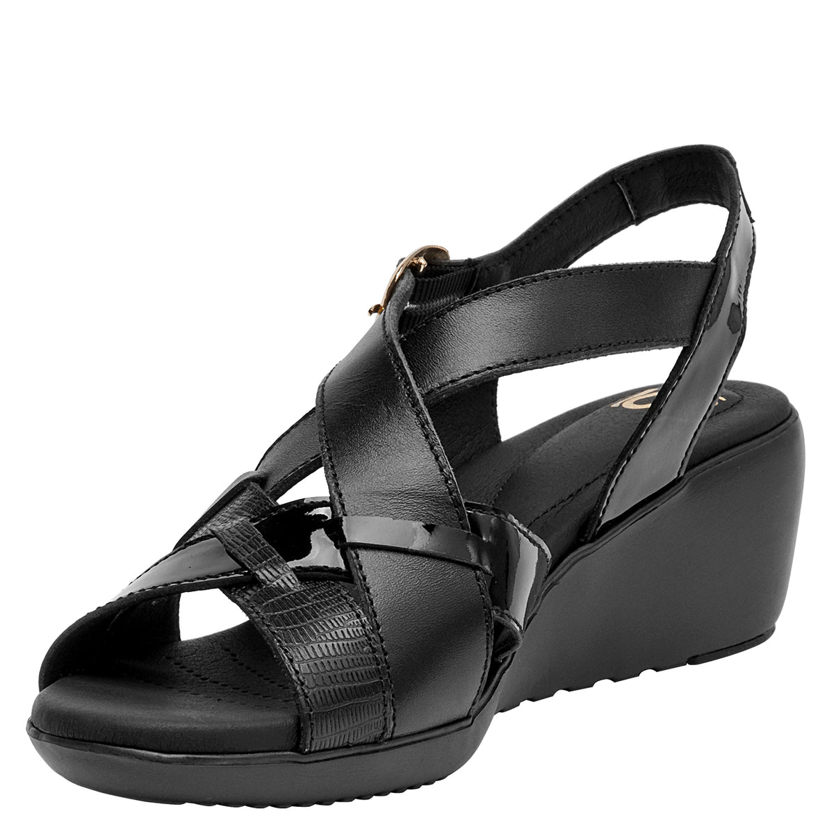 Sandalia Mujer Cuero Con Hebilla Dorada Negro