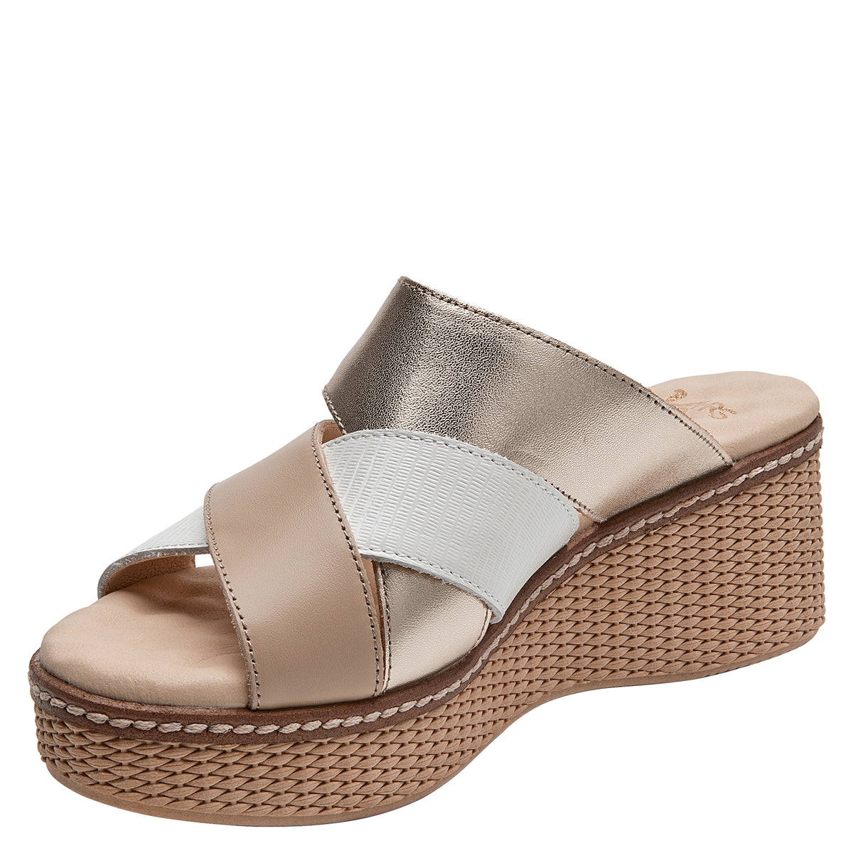 Sandalia Mujer Con Hebilla Metálica Cuero Beige
