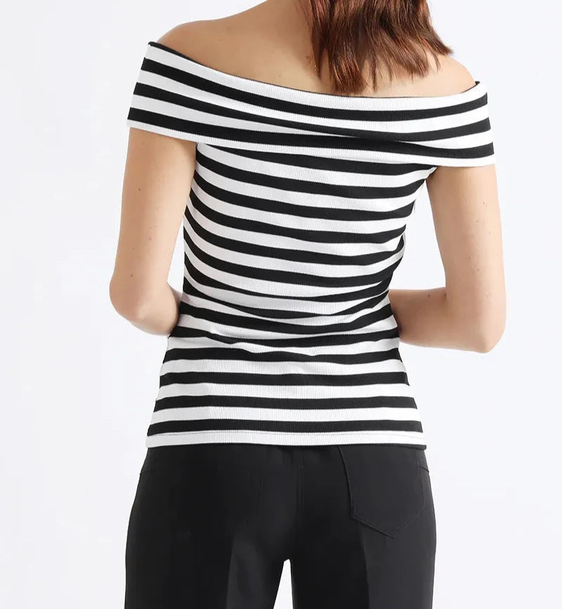 Polera Mujer Rayado Off Shoulder Negro