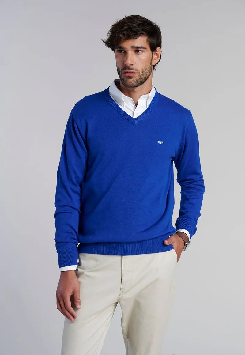 Sweater Hombre V Neck Solido Azul