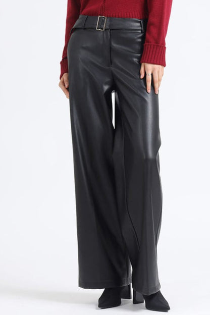 Pantalon Mujer Ancho Tiro Alto Con Cinturon Efecto Cuero, Negro