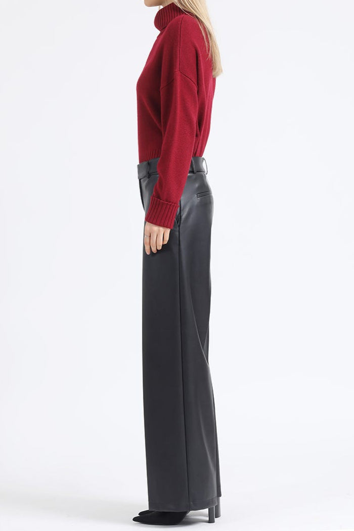 Pantalon Mujer Ancho Tiro Alto Con Cinturon Efecto Cuero, Negro