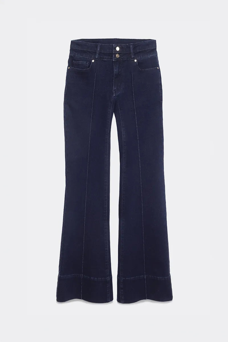 Jeans Mujer Flare Tiro Medio Doble Pretina Indigo Claro