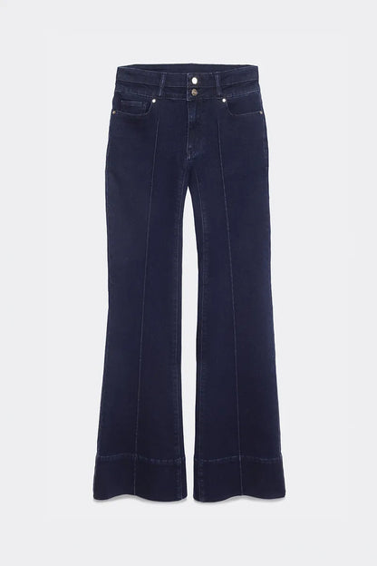 Jeans Mujer Flare Tiro Medio Doble Pretina Indigo Claro