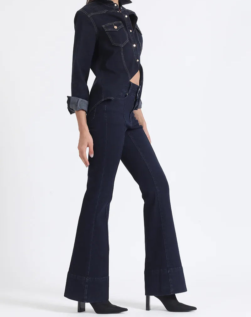 Jeans Mujer Flare Tiro Medio Doble Pretina Indigo Claro
