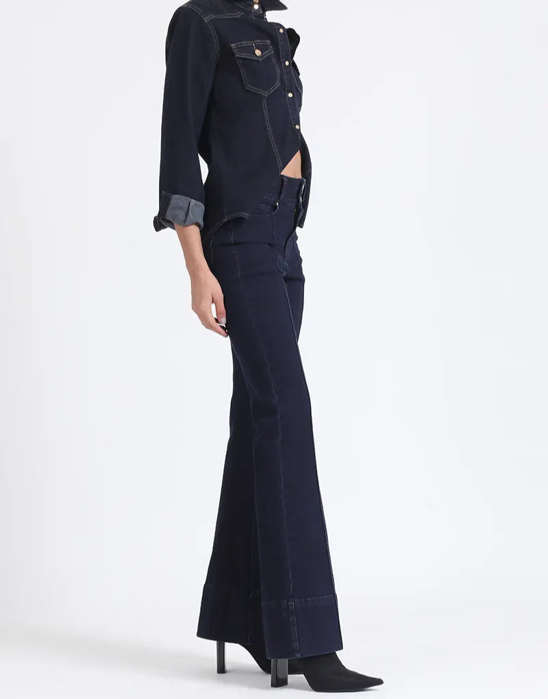 Jeans Mujer Flare Tiro Medio Doble Pretina Indigo Claro