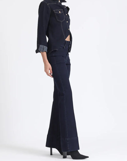 Jeans Mujer Flare Tiro Medio Doble Pretina Indigo Claro