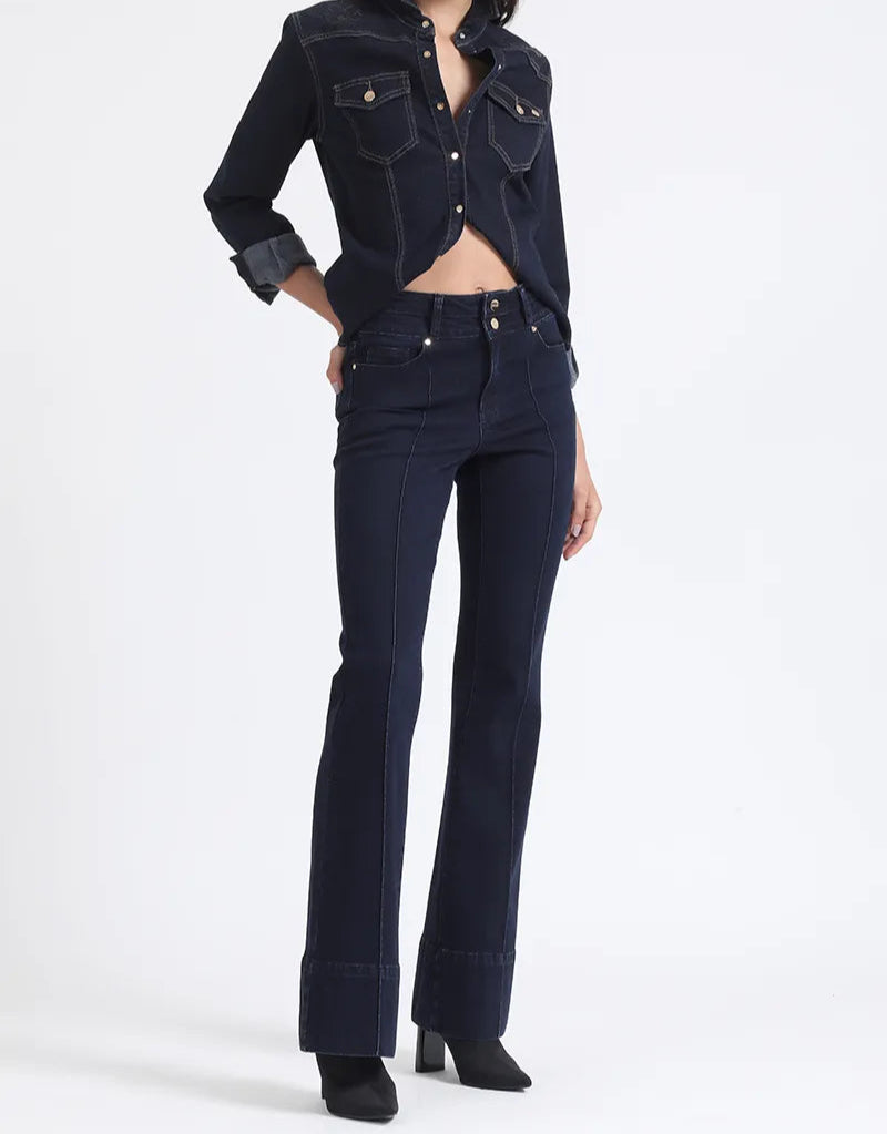 Jeans Mujer Flare Tiro Medio Doble Pretina Indigo Claro