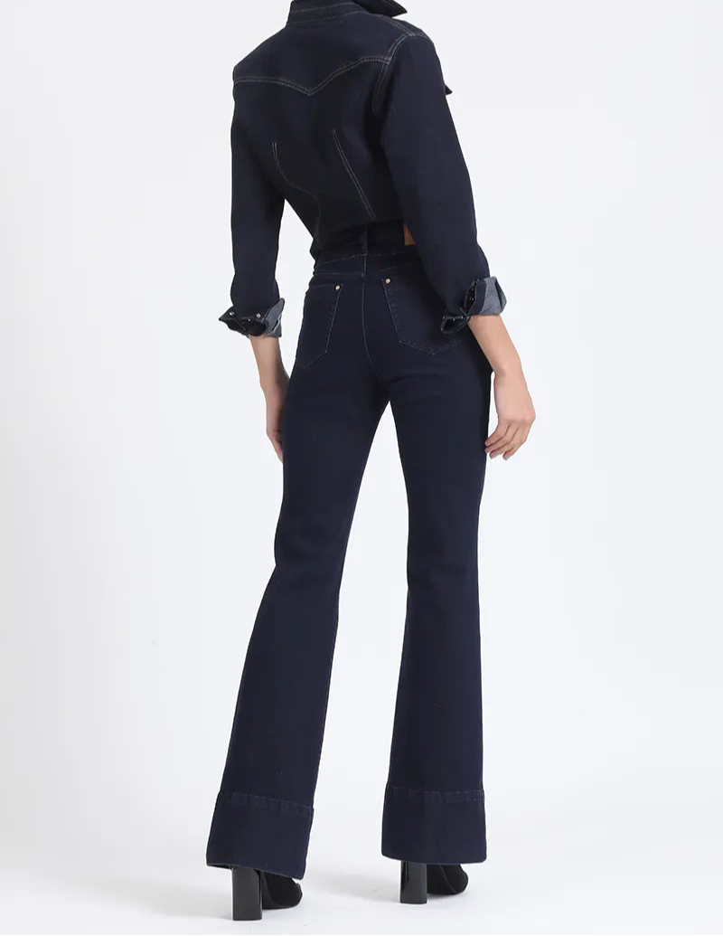 Jeans Mujer Flare Tiro Medio Doble Pretina Indigo Claro