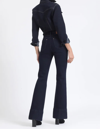 Jeans Mujer Flare Tiro Medio Doble Pretina Indigo Claro