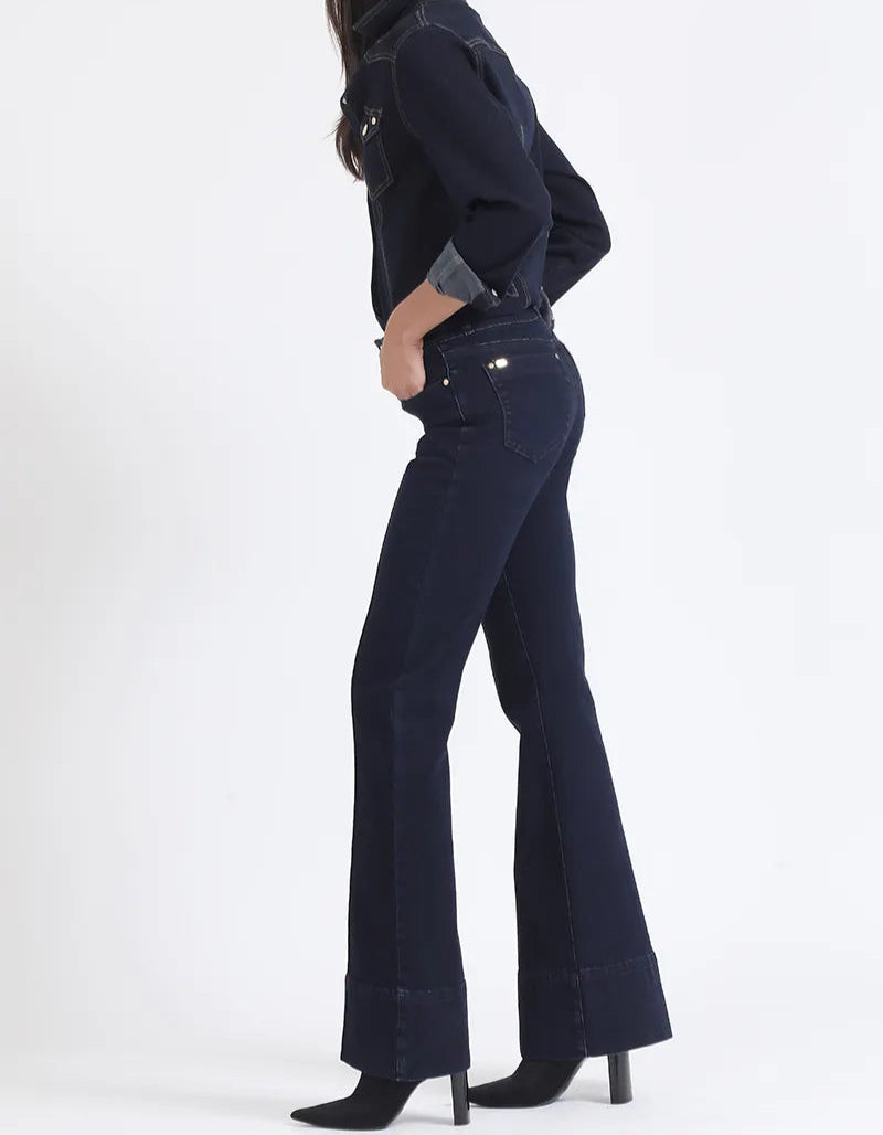 Jeans Mujer Flare Tiro Medio Doble Pretina Indigo Claro