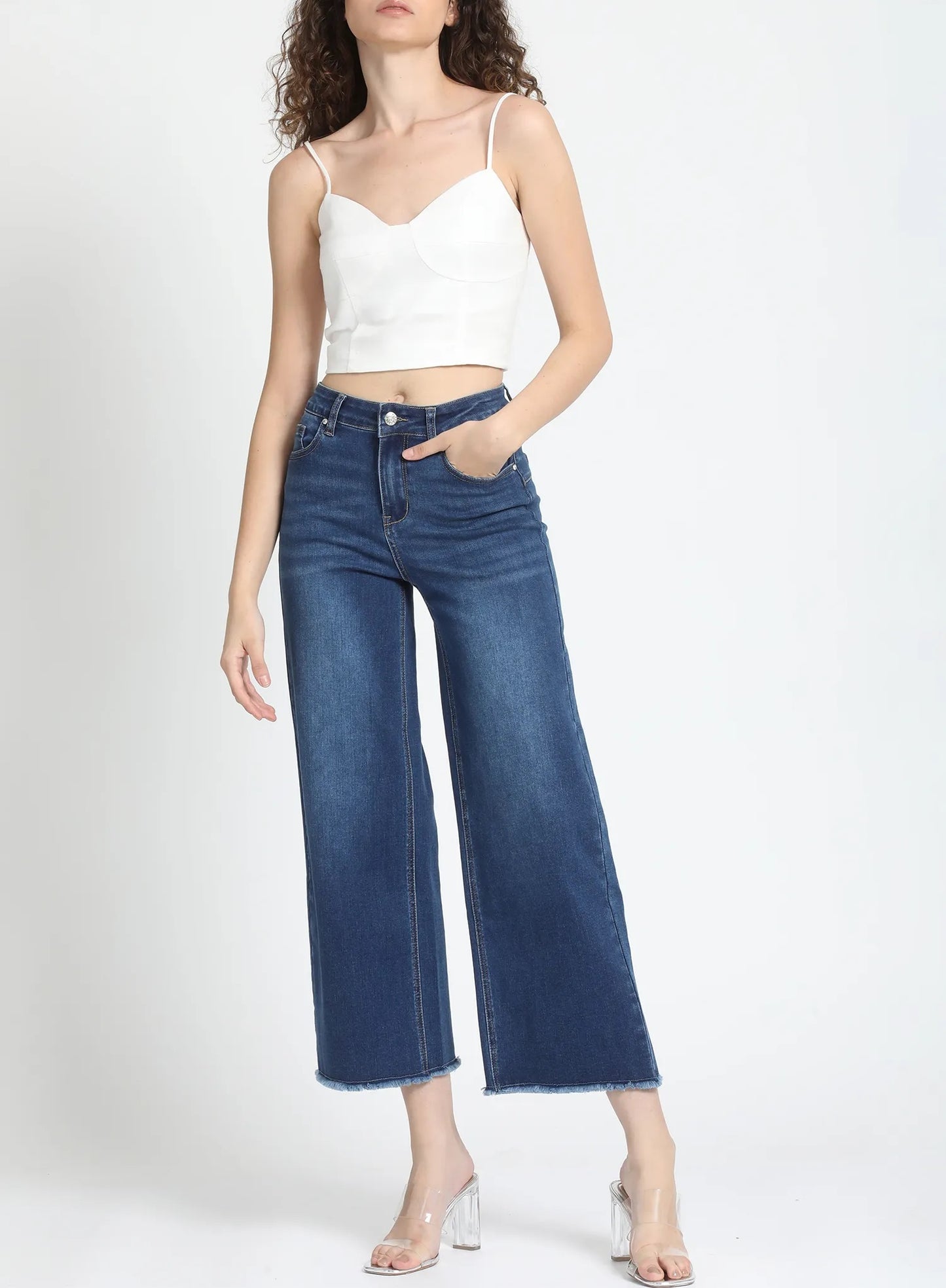 Jeans Cropped Wide Leg Azul