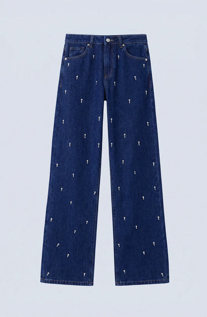Pantalón Mujer Gotas Strass Indigo