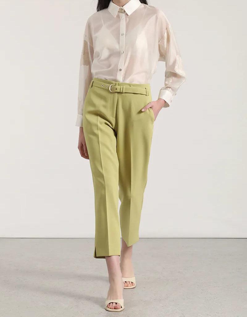 Pantalon Mujer Sastre Tiro Alto Con Cinturon Pistacho