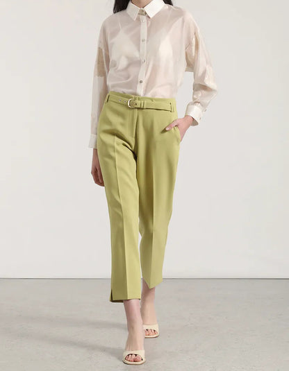 Pantalon Mujer Sastre Tiro Alto Con Cinturon Pistacho