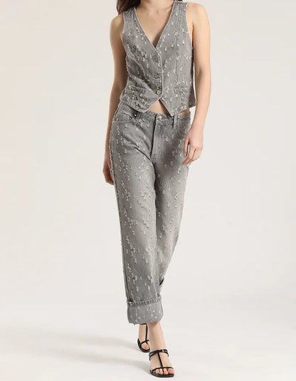 Jeans Mujer Slim Cropped Push Up Tiro Medio Denim Gris