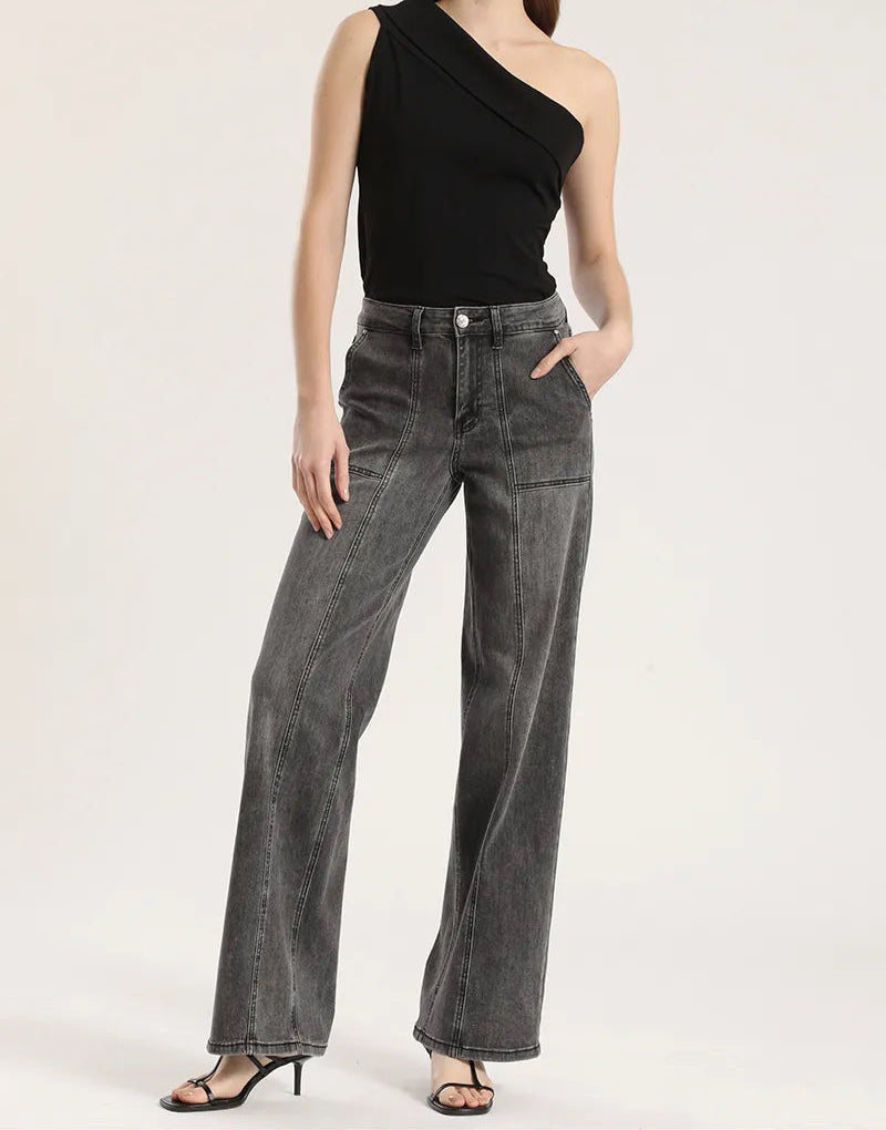 Jeans Mujer Straight Tiro Medio Denim Gris