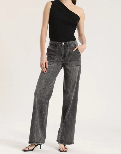 Jeans Mujer Straight Tiro Medio Denim Gris