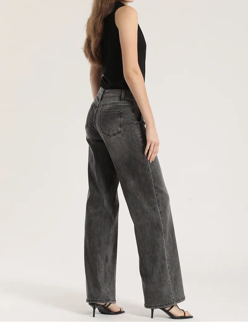 Jeans Mujer Straight Tiro Medio Denim Gris