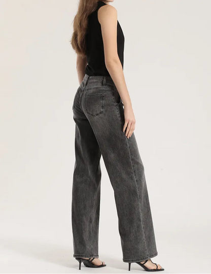Jeans Mujer Straight Tiro Medio Denim Gris