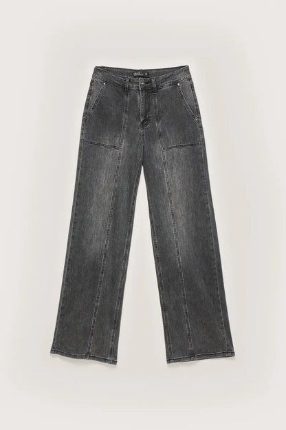 Jeans Mujer Straight Tiro Medio Denim Gris