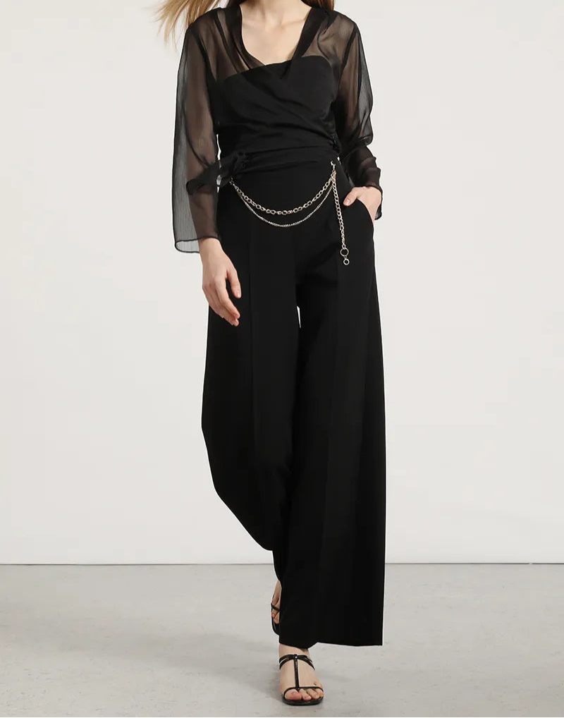 Pantalon Mujer Ancho Tiro Alto Cadenas Desmontables Negro