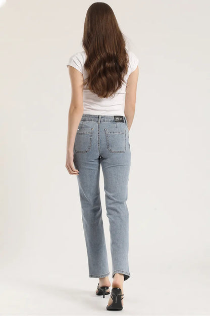 Jeans Mujer Slim Tiro Medio Alforza Denim Azul